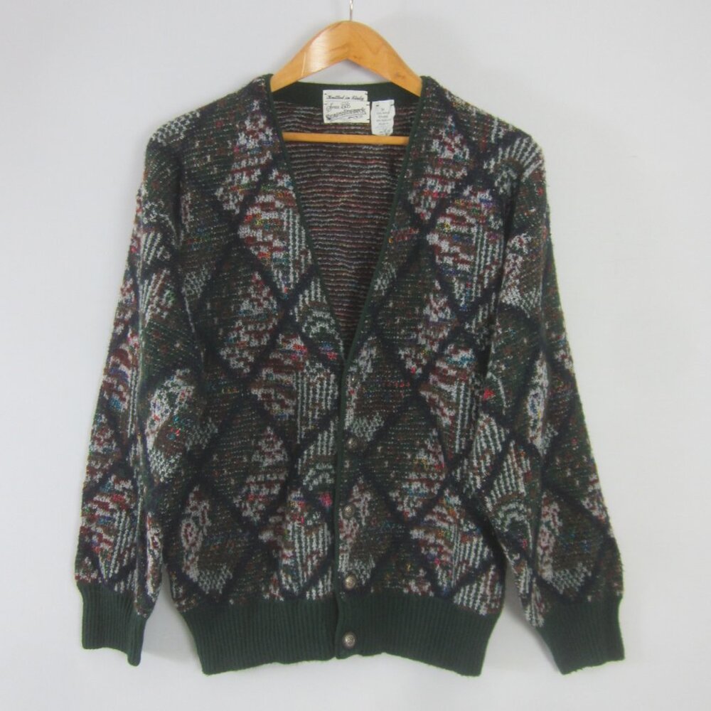 Vtg Sears Roebuck Mens M Green Gray Multi-Color Argyle LS  Wool Blend V Neck Car